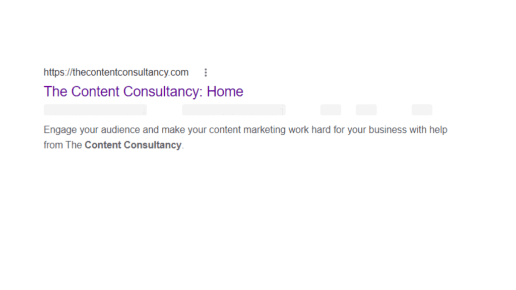 Screen shot of the Google result for The Content Consultancy Homepage with the meta description displayed.
