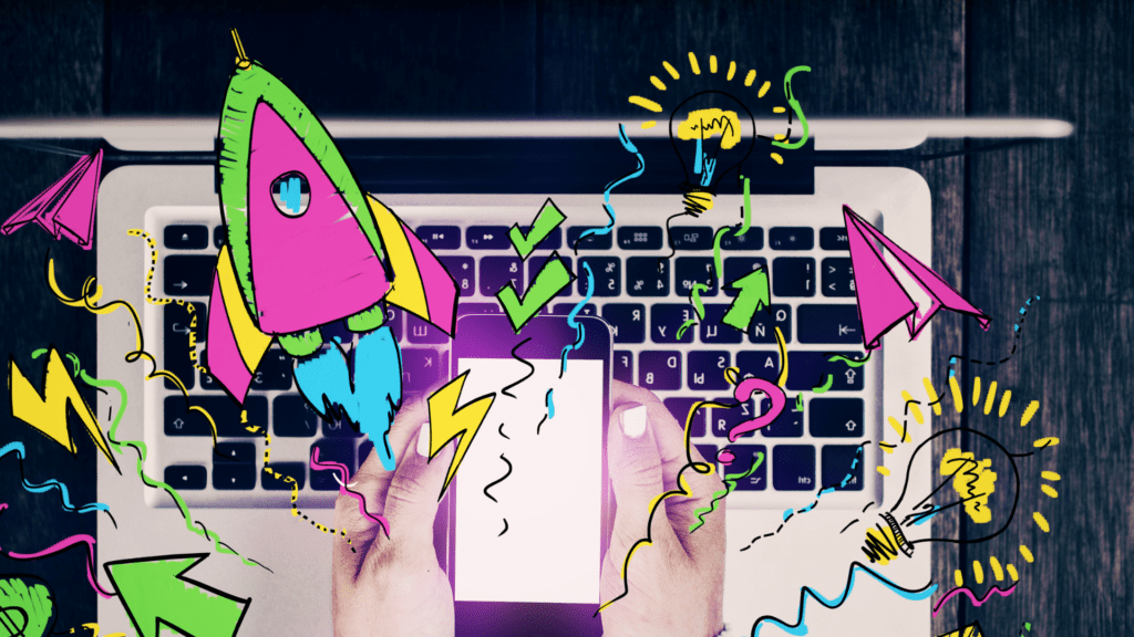 Laptop keyboard and hands holding a phone over it with illustrations of a rocket and lightbulb and arrows to depict content marketing and launch ideas