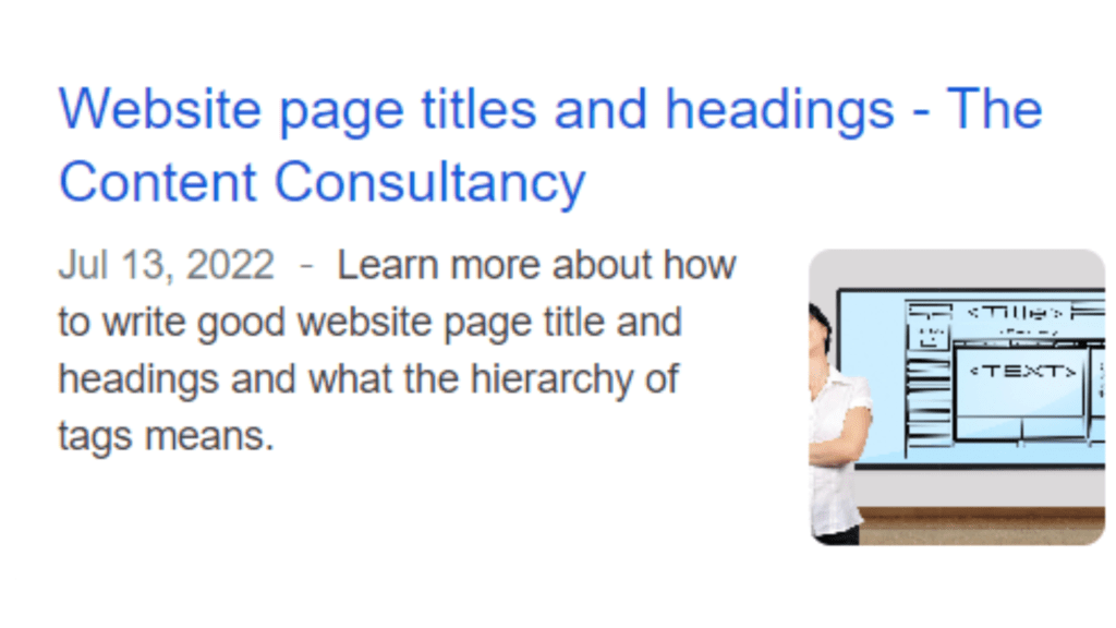 Example of meta description, which reads "Learn more about how to write good website page title and headings and what the hierarchy of tags means."