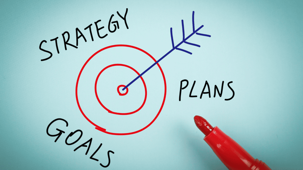 Target and arrow drawn in between the words 'strategy', 'plans', 'goals'